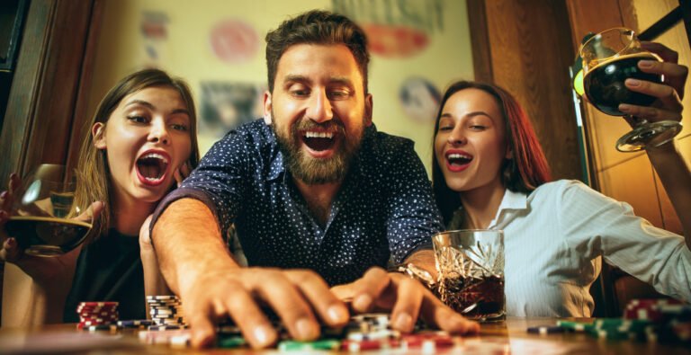 side view photo friends sitting wooden table friends having fun while playing board game